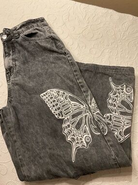 Daisy Street Denim Wide Leg High Rise Distressed Butterfly Print Jeans Small/med